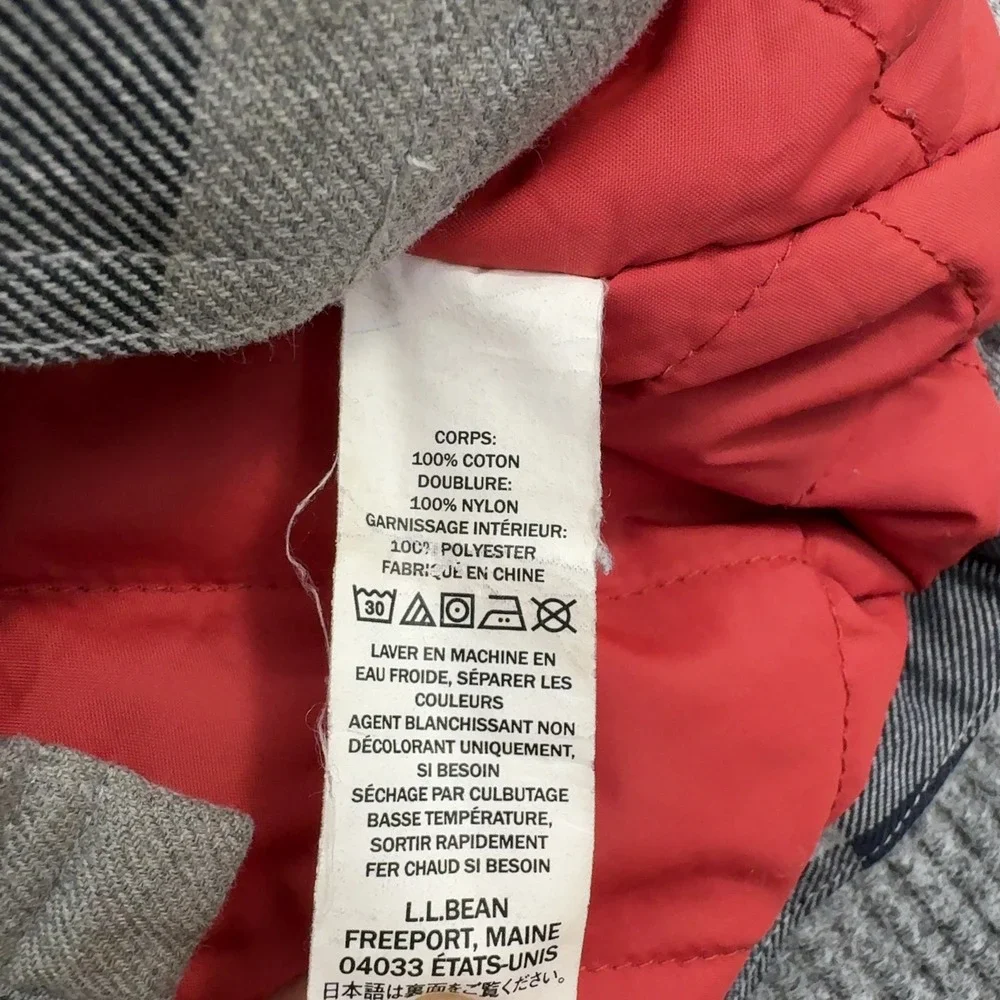 LL Bean Shirt Jacket Mens XL Gray Cotton Quilted Buffalo Plaid Flannel Outdoor